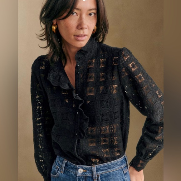 Sezane Tops - Sezane Chlo Black Guipure Lace Crochet Ruffle Button-Up Blouse Sz 38